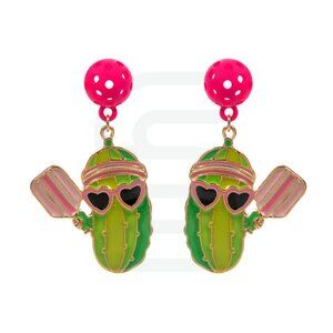 🌵 Pickleball Earrings – Cactus with Paddle & Pink Ball Post Dangle Earrings